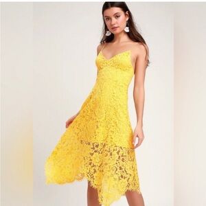 NWT Lulus Yellow Midi Dress Asymmetric Hem Lace Medium M